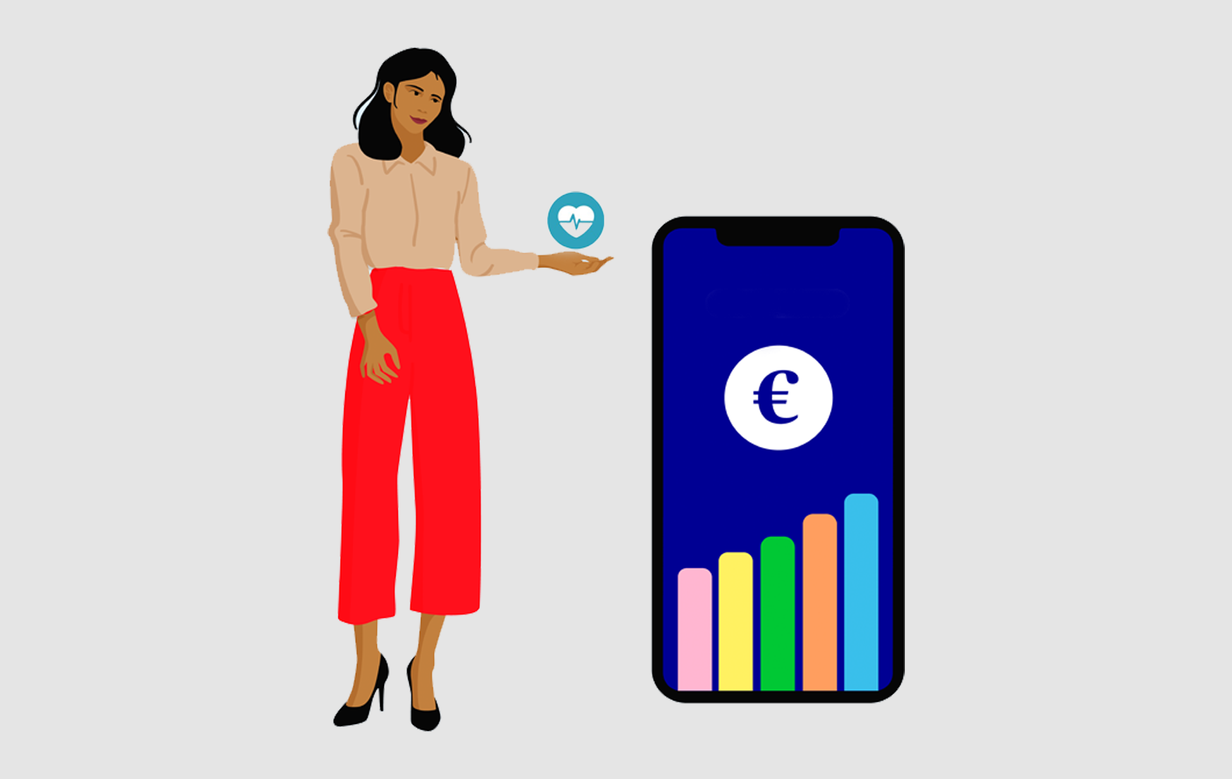 Young woman standing and holding a euro coin, next to a smartphone displaying a graph, symbolizing cashback and financial benefits.