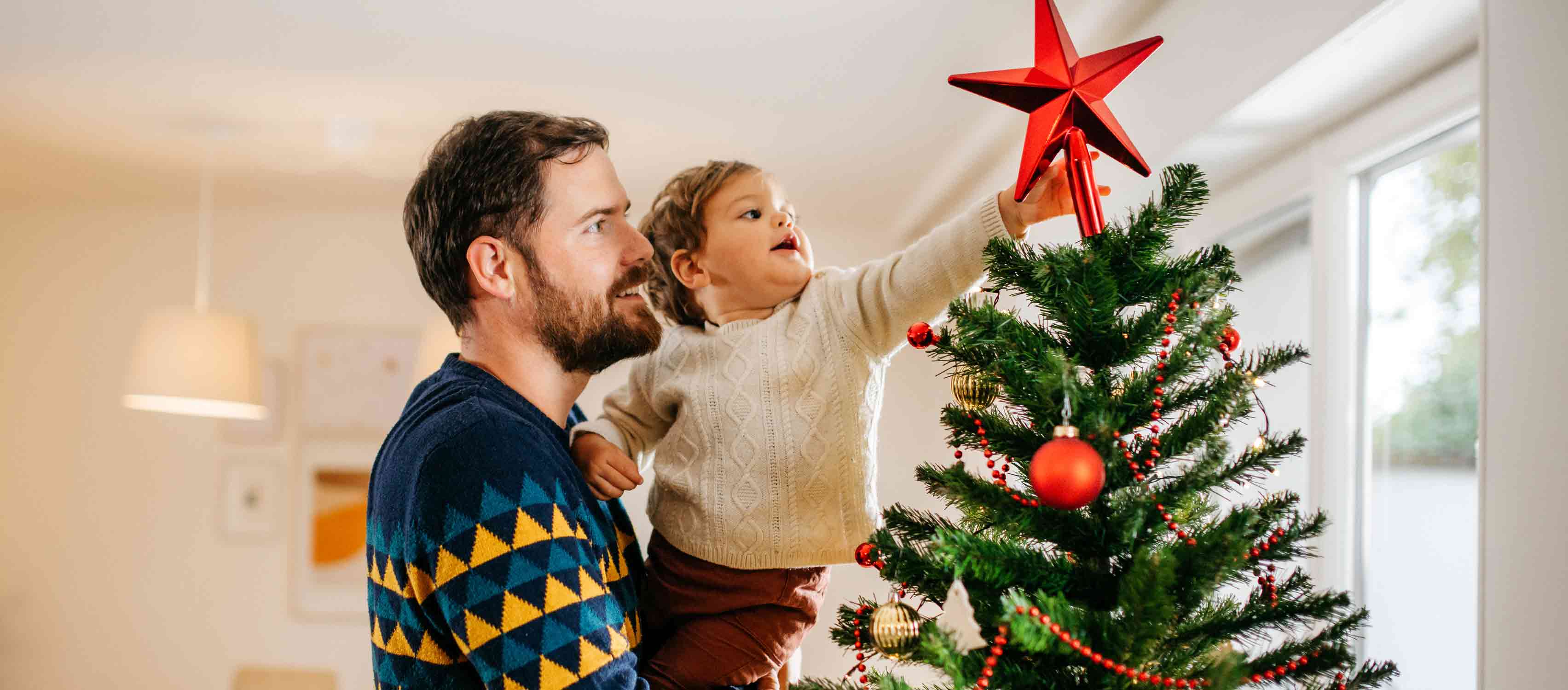man-holding-child-placing-star-on-christmas-tree