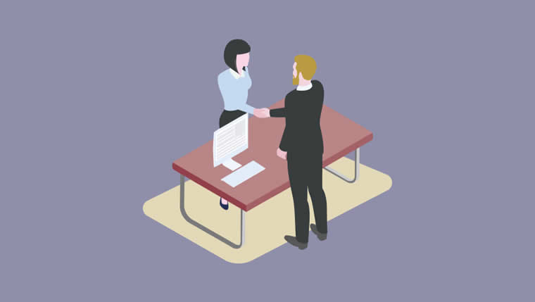 Illustration of a businesswoman and businessman shaking hands