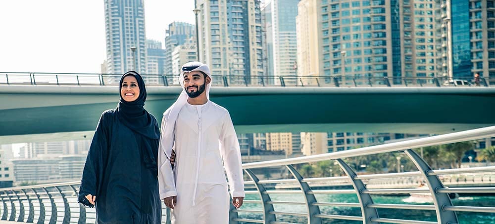 Couple walking by canal in UAE