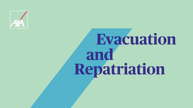 Blue text reads Evacuation and Repatriation on a light green background with AXA logo.