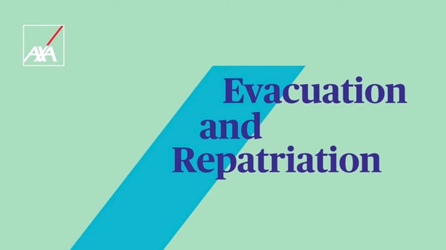 Blue text reads Evacuation and Repatriation on a light green background with AXA logo.