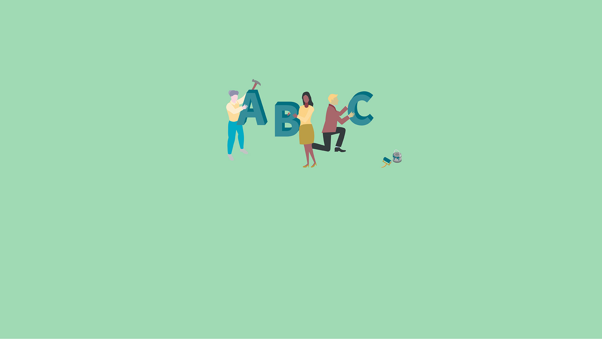 Illustration of three people doing DIY, holding the letters 'A', 'B', and 'C'