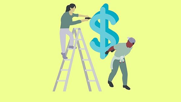 Illustration of two people hanging up a dollar sign