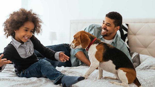 father and son playing with dog