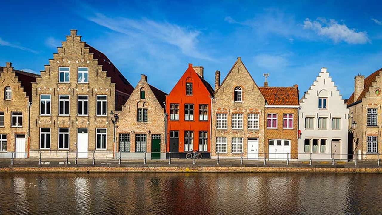 Row of houses by canals in Belgium