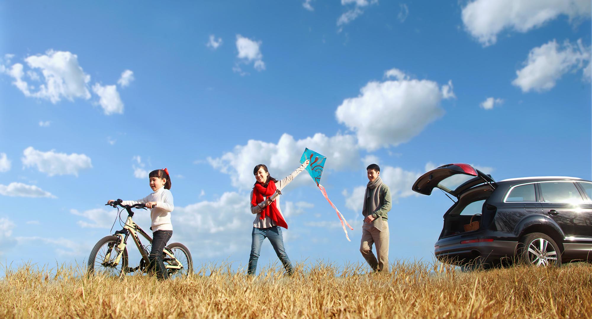 Family playing with a kite in the sunshine