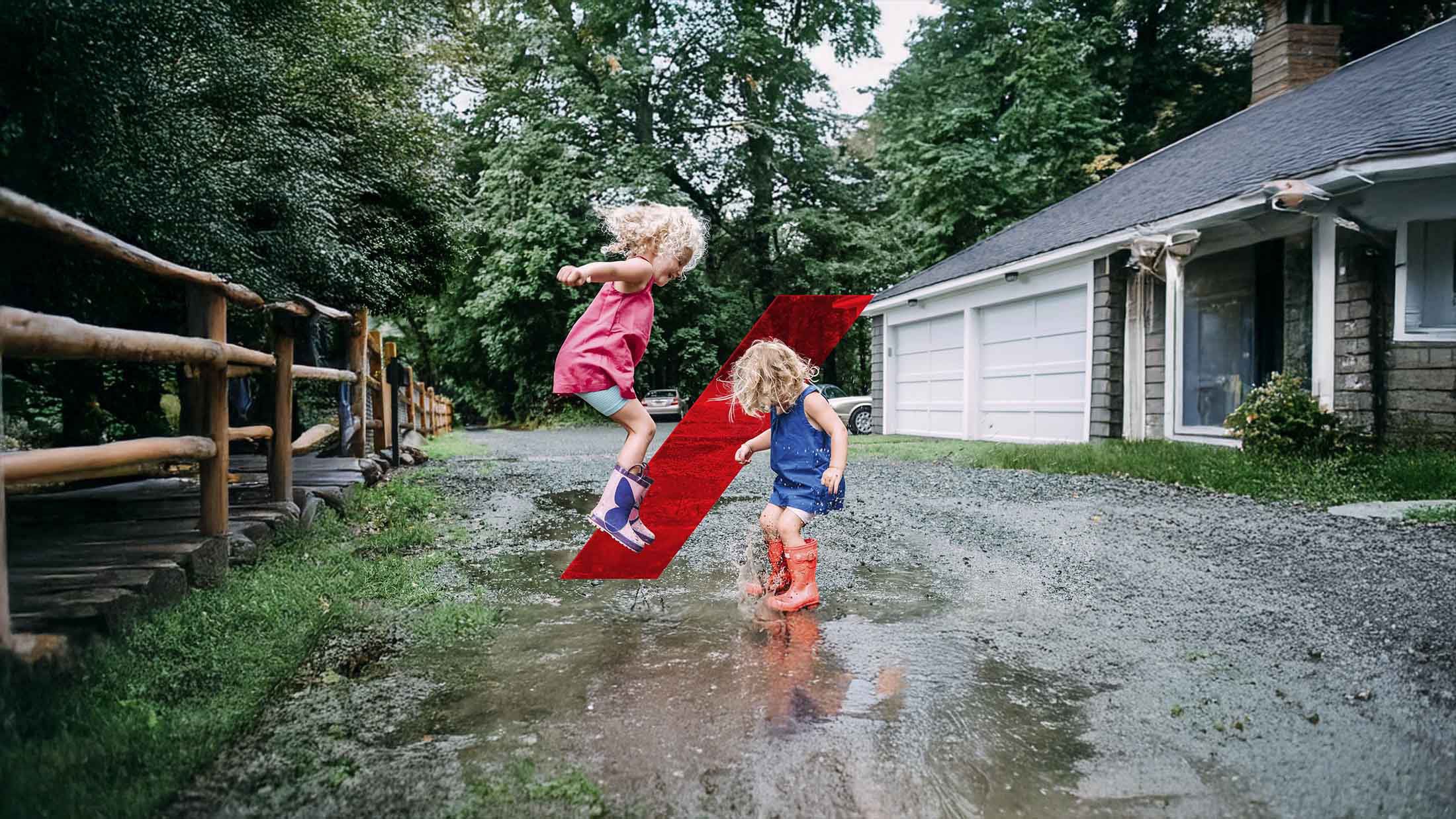 Playful sisters jumping in puddle. Norway Expat Family Hero Banner