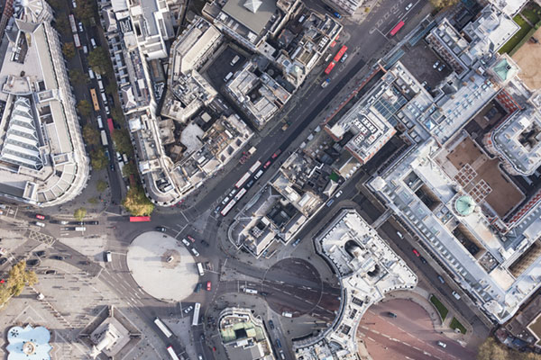 aerial view of a busy traffic circle in London