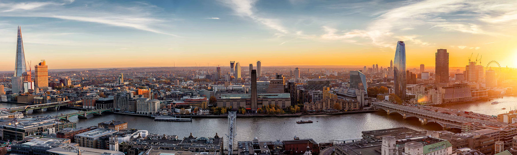 wide angle of London with the River Thames below 