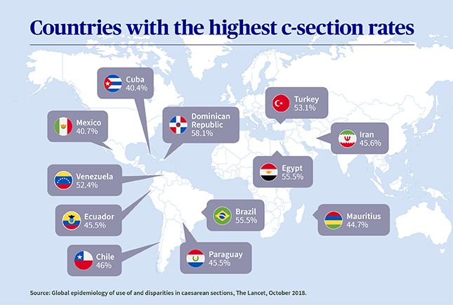 World map with countries with the highest c-section rates